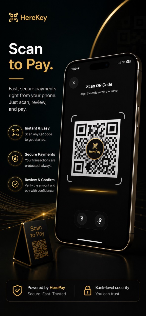 HerePay Scan to Pay experience in the HereKey app